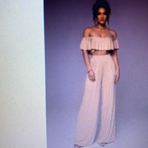 Tan pants set, off shoulder crop top with wide leg pants, XXL